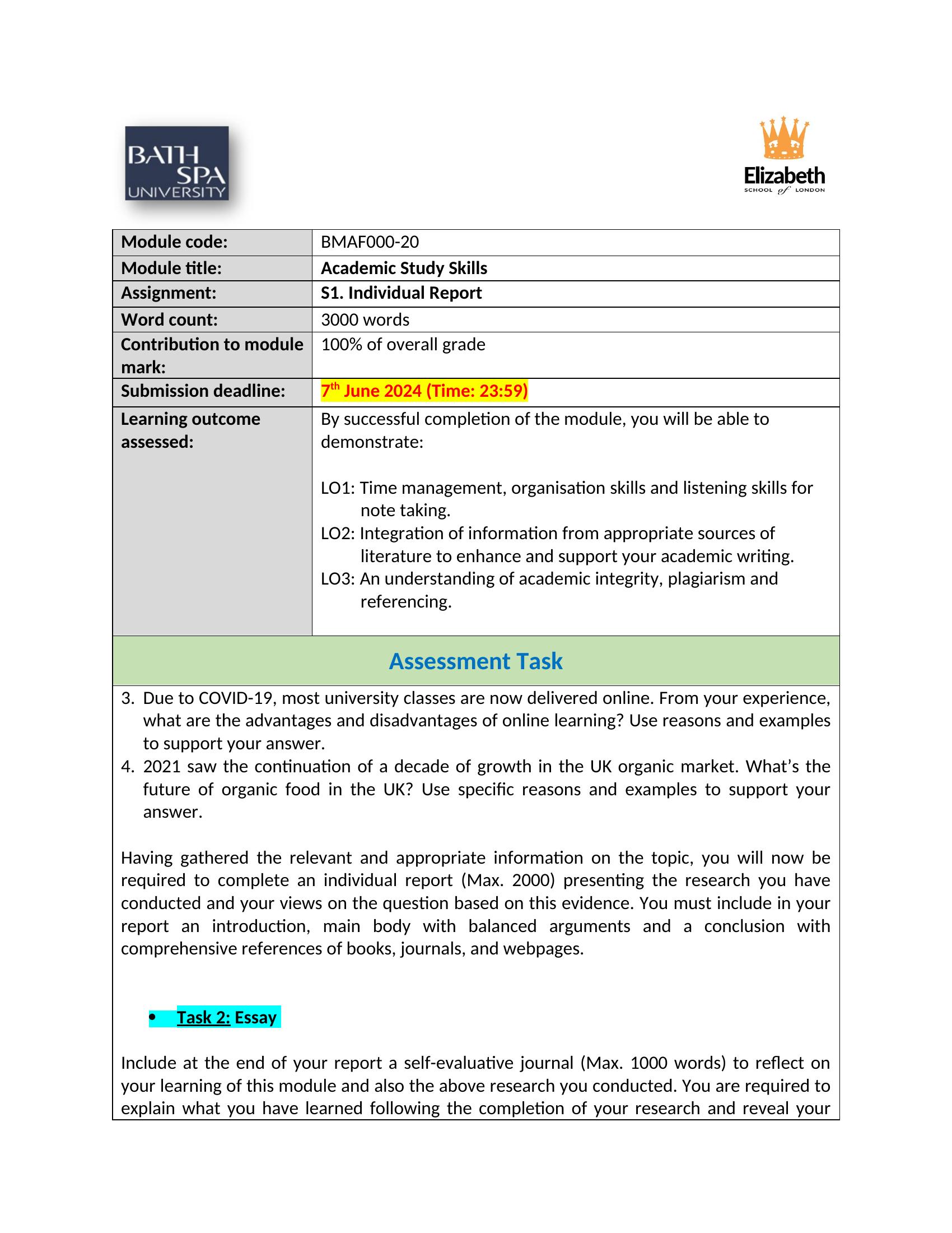 Assessment Brief - Academic Study Skills